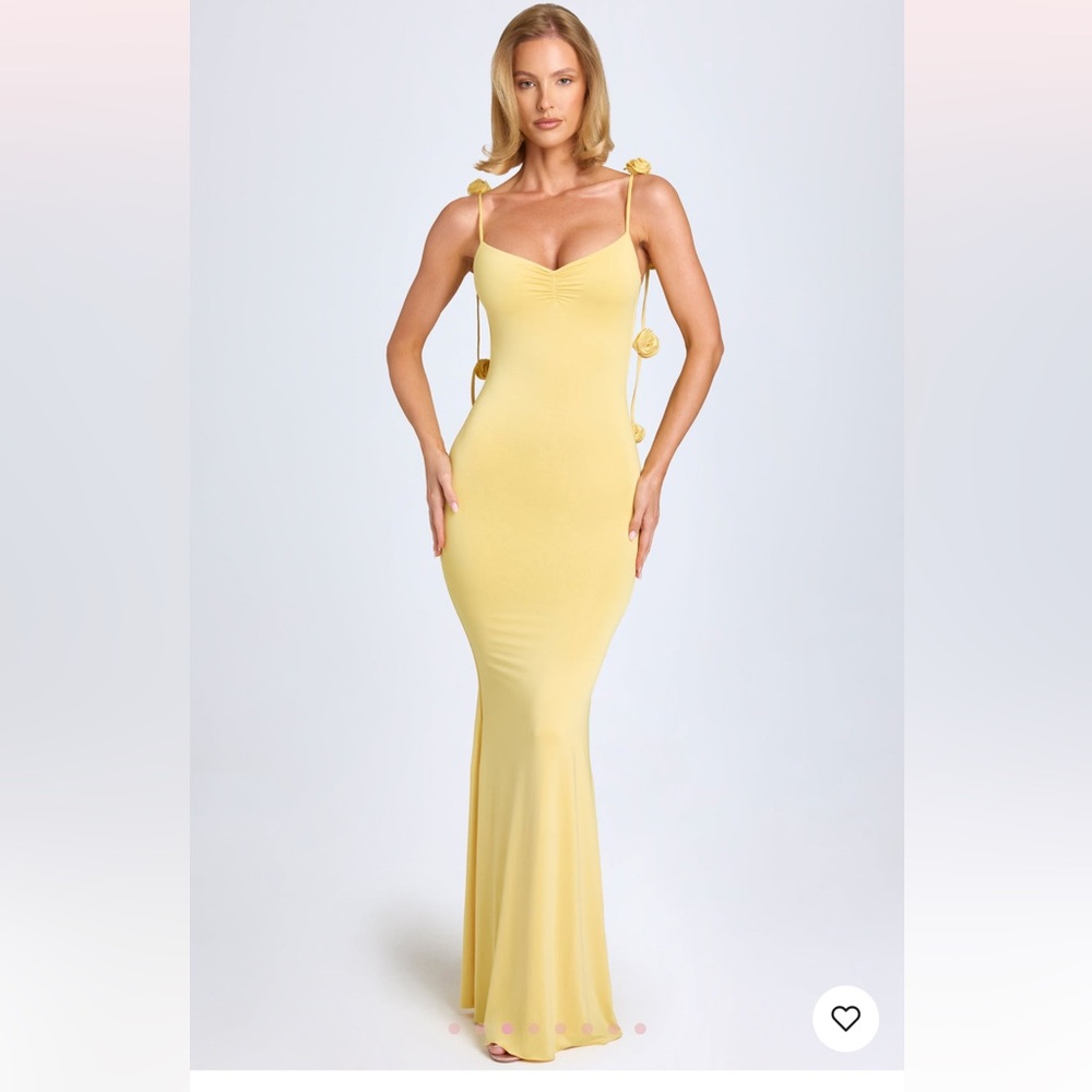 ALDONA
Slinky Jersey Floral-Appliqué Gown in
Pastel Yellow